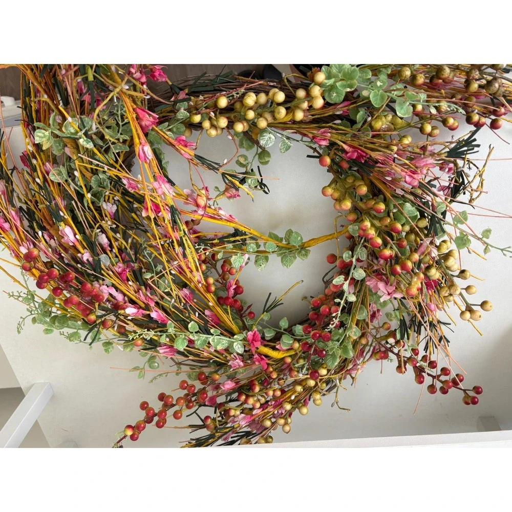 Floral Berry Grapevine Wreath Pink Red Cream Spring Summer Door Decor 24 inch